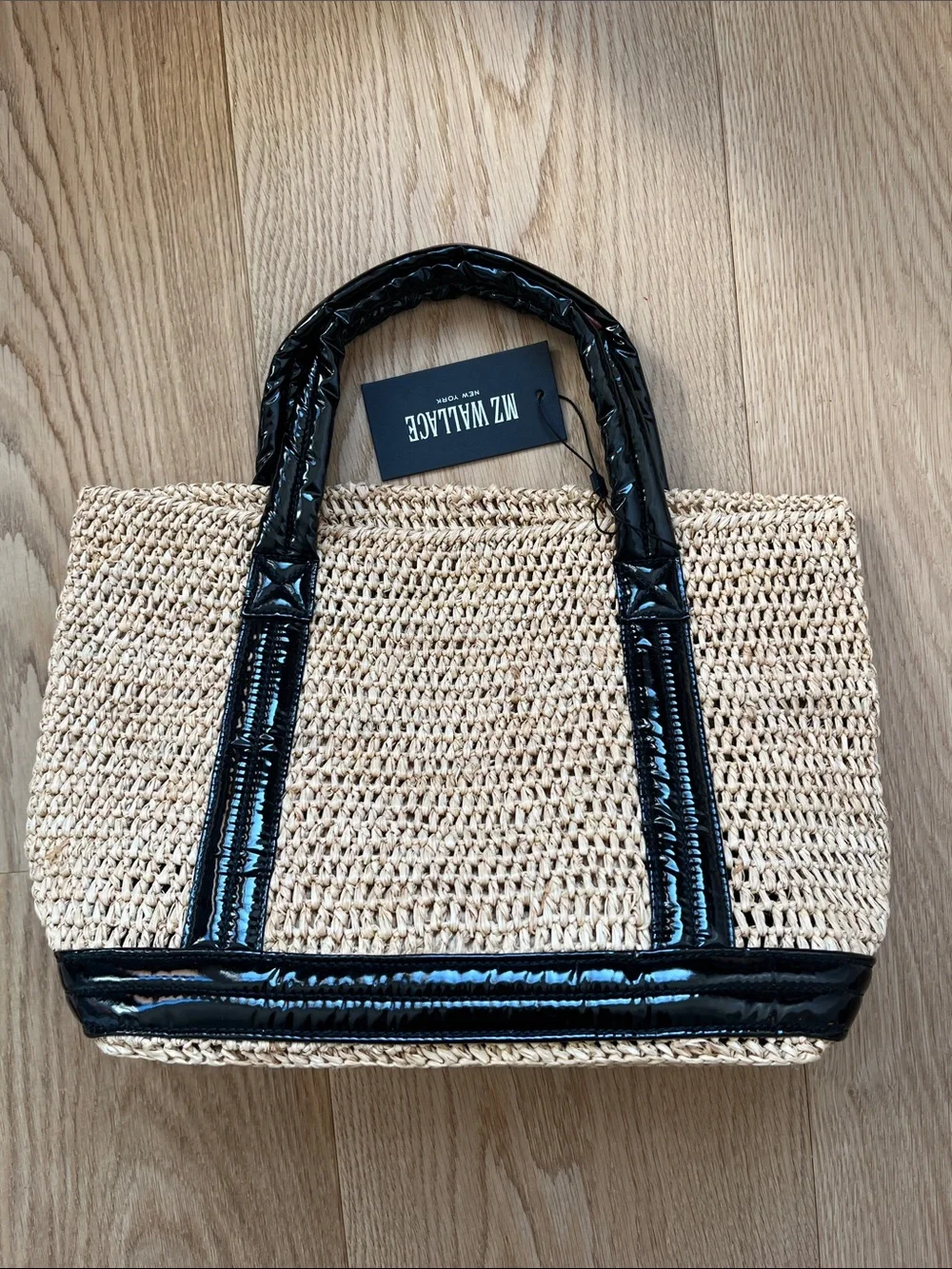 MZ Wallace Natural Straw Tote with Black Patent Trim